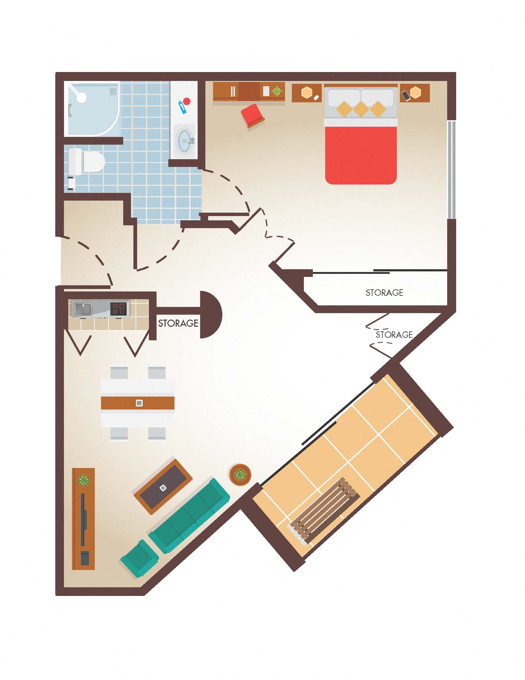 Floor plan for 1 bed, 1 bath, 685 sqft